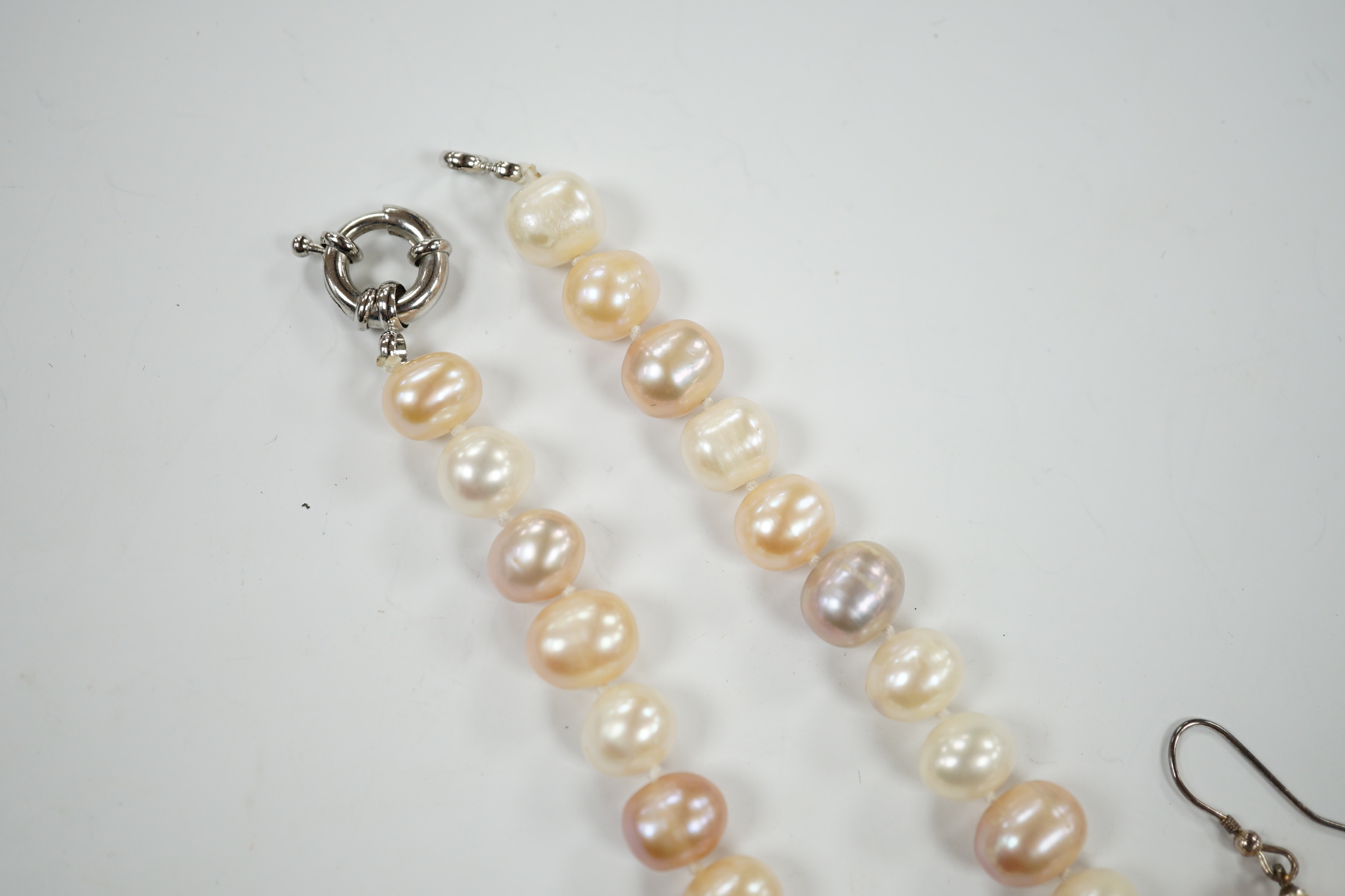 A single strand multi coloured freshwater pearl necklace, 44cm and a pair of freshwater pearl drop earrings.